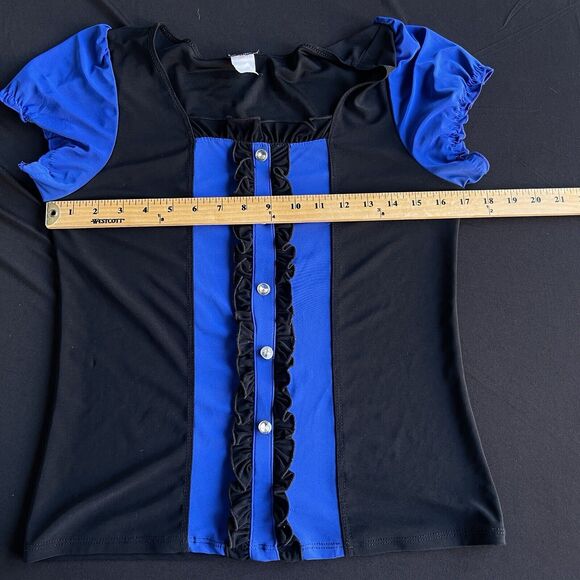 Solar Ruffle Blouse Womens Small (marked XL) Y2K Colorblock Rhinestone Button - Picture 5 of 8